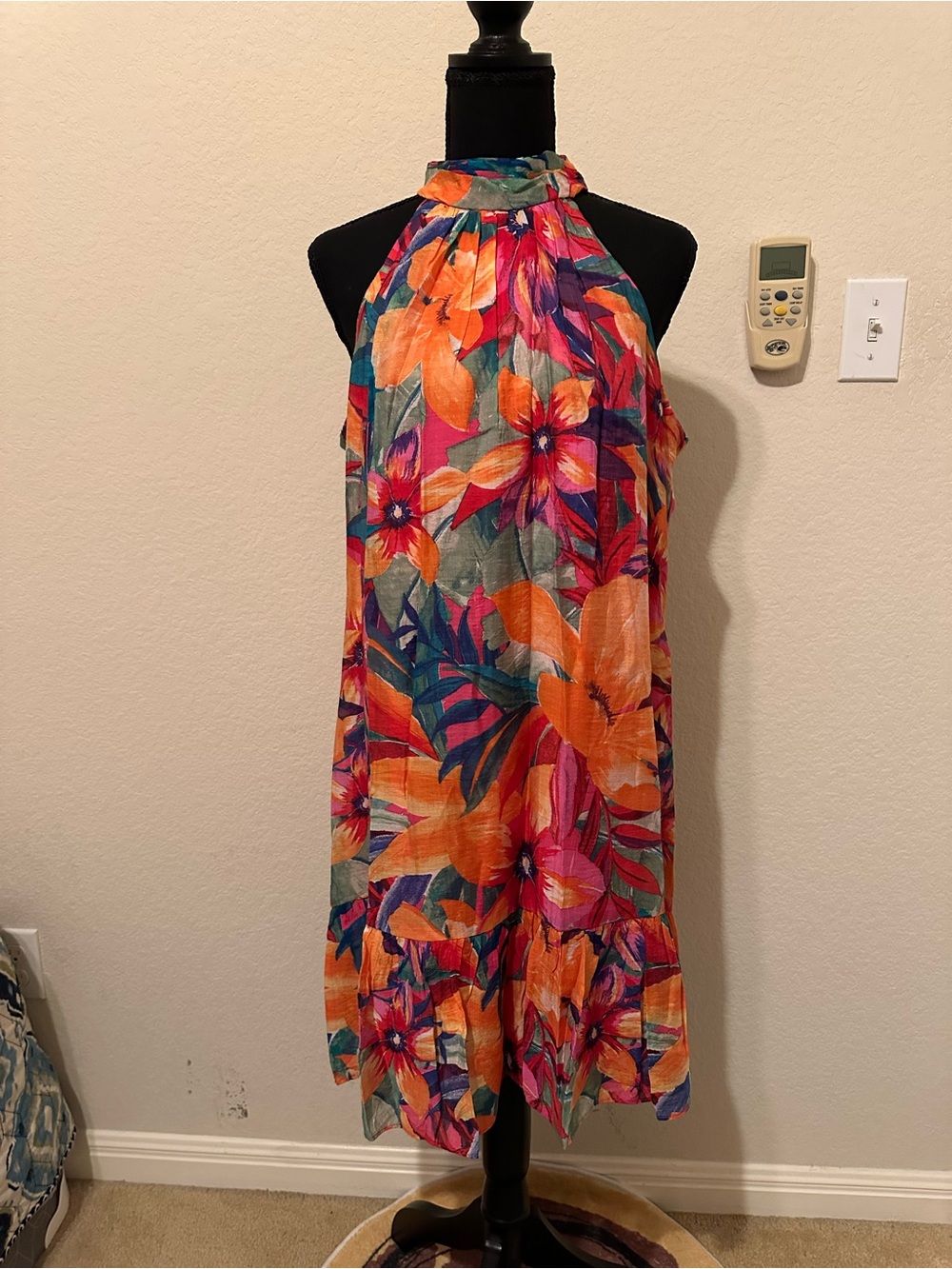 MSK Women's Printed Ruffle-Hem Halter Dress Orange & Pink Floral. Size M- NWT - Picture 3 of 16